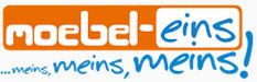 Logo von "moebel-eins" in Orange und Blau mit dem Slogan "...meins, meins, meins!".