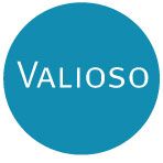 Ein blauer Kreis mit weißem Text "VALIOSO" in der Mitte.