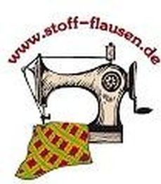 Nähmaschine mit Stoff und Website-Text: www.stoff-flausen.de.