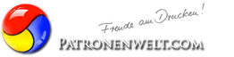Logo von PatronenWelt.com mit rotem, blauem und gelbem kreisförmigem Design.
