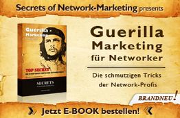 Buchcover "Guerilla Marketing für Networker" mit Text zur Bestellung eines E-Books.