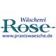 Logo der Wäscherei Rose mit Website www.praxiswaesche.de in blau und grün.