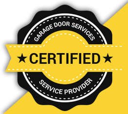 Certified garage door services badge with stars on a yellow and black circular design.