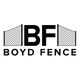 Logo with "BF" flanked by fence images, text "BOYD FENCE" below.