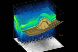 Rappresentazione 3D di dati geologici, con colori blu, verde e marrone, su sfondo nero.