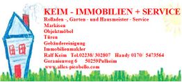 Geschäftsinfo von KEIM-IMMOBILIEN + SERVICE mit blauer Hauszeichnung und Kontaktangaben.