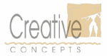 Logo mit Text "Creative Concepts", Figur trägt Objekt auf hellbraunem Hintergrund.