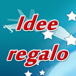 Testo "Idee regalo" su sfondo blu con stelle bianche.