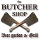 Logo of The Butcher Shop Beer Garden & Grill with crossed meat cleavers.