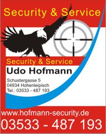 Sicherheitsfirma-Werbung mit Adler, Zielscheibe, Kontaktinfos und Website von Hofmann Security.