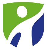 Grünes und blaues stilisiertes Logo mit einer tanzenden Figur.