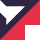 Abstraktes Logo mit roten, blauen Flächen und einem weißen Pfeil.