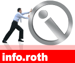 Mann schiebt riesiges Info-Symbol, unten steht „info.roth“ auf rotem Hintergrund.