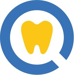 Logo of a yellow tooth inside a blue magnifying glass shape.