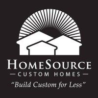 HomeSource Custom Homes logo with two houses and sunburst. "Build Custom for Less."