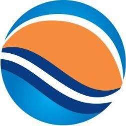 Abstract logo with blue, orange, and white curved shapes forming a spherical design.