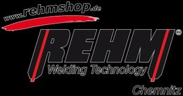 Logo von Rehm Welding Technology, www.rehmshop.de, mit rotem und schwarzem Design auf schwarzem Hintergrund.