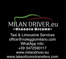Servizi di taxi e limousine, contatti: email, WhatsApp, siti milandriver.eu e lakeofcomotransfers.com.