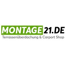 Logo von Montage21.de, Terrassenüberdachung & Carport Shop, Text auf grünem und weißem Hintergrund.