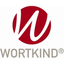 Rotes Logo, Buchstabe "W" in Kreis, unten Text "WORTKIND".