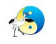 Kranich vor einem blau-gelben Yin-Yang-Symbol auf weißem Hintergrund.