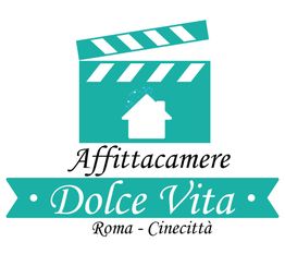 Logo "Affittacamere Dolce Vita", Roma - Cinecittà, con ciak e casa stilizzata.