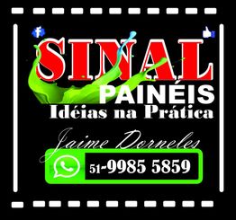 Cartão com "Sinal Painéis", número de WhatsApp e menções ao Facebook. Fundo preto com texto colorido.