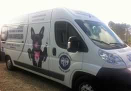 Camionnette blanche avec un dessin de chien noir sur le côté et des infos de service de toilettage.