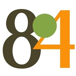 Zahlen 8 und 4, mit grünem Kreis zwischen ihnen. 8 ist braun, 4 ist orange.