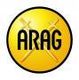 Gelbes Logo mit schwarzem Text "ARAG" und zwei gekreuzten Schwertern im Hintergrund.
