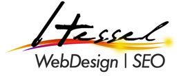 Logo mit Schriftzug "Tessel WebDesign SEO" auf weißem Hintergrund, mit buntem Pinselstrich.