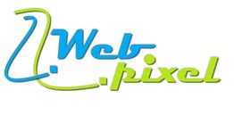 Schriftzug "Webpixel" in Blau und Grün auf weißem Hintergrund.