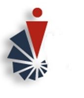 Logo abstracto rojo y azul con figura de exclamación sobre formas geométricas irradiantes.