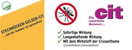 Werbung für Insektenschutzmittel mit Chrysanthemen, sofortige und langanhaltende Wirkung.
