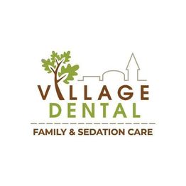 Logo for Village Dental, Family & Sedation Care with tree and village skyline elements.