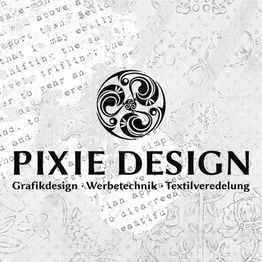 Logo mit dekorativem Muster und Text "Pixie Design" für Grafikdesign, Werbetechnik, Textilveredelung.