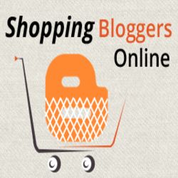 Shopping cart with "Shopping Bloggers Online" text, featuring an orange blogger logo.