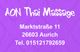 Lila Hintergrund mit Text: AON Thai Massage, Marktstraße 11, 26603 Aurich, Tel. 015121792659.