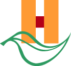 Logo mit zwei orange Streifen, rotem Rechteck und grüner, geschwungener Linie.