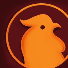 Ilustração de um galo laranja em um círculo vermelho escuro.