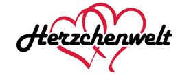 Schriftzug "Herzchenwelt" in Schwarz über roten, ineinander verschlungenen Herzen.