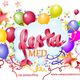 Immagine colorata con palloncini, stelle e scritta "festa MED". Contatti e sito web in basso.