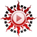 Rotes, dekoratives Sonnensymbol mit einem Play-Button in der Mitte auf weißem Hintergrund.