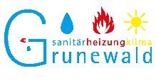 Logo: "Grunewald", Symbole für Wasser, Feuer, Sonne, Text: "sanitär heizung klima".