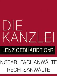 Die Kanzlei-Logo in Rot mit "Lenz Gebhardt GbR" und "Notar Fachanwälte Rechtsanwälte" Text.