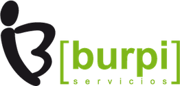 Logotipo de "burpi servicios" en verde con diseño gráfico abstracto en negro.