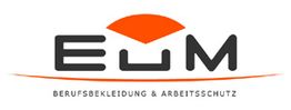 Logo mit der Aufschrift "EUM", darunter "Berufsbekleidung & Arbeitsschutz", oranger Akzent oben.