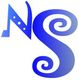 Blaues Logo mit den Buchstaben "N" und "S", verziert mit Punkten und Spiralen.
