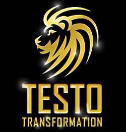 Goldener Löwenkopf und Text "TESTO TRANSFORMATION" auf schwarzem Hintergrund, leuchtend.