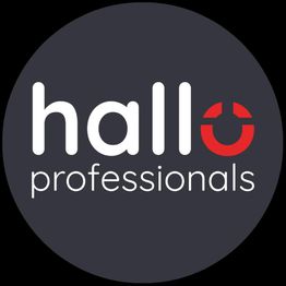 Zwart logo met de tekst "hallo professionals", met rode halve cirkel als de letter "o".